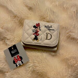 Disney-NWT-Minnie Wallet-Letter D. white with cross stitching.